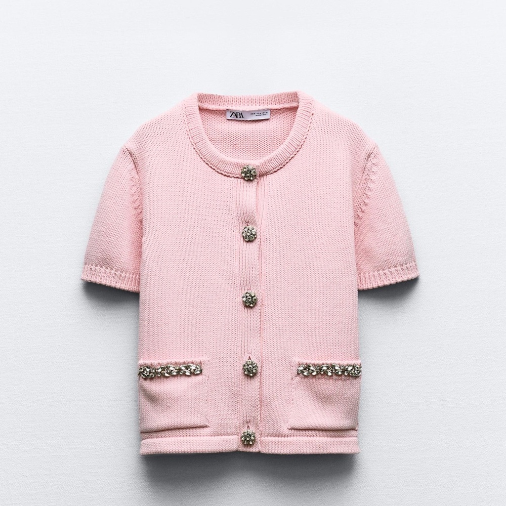 Zara pink jewel knit shot sleeve pink cardigan size small